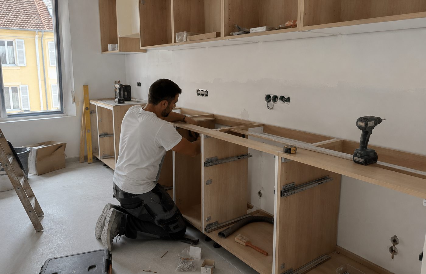 Pose d'une cuisine équipée en bois clair par Hservices75 - installation des caissons bas et hauts à Milly-la-Forêt (Essonne)