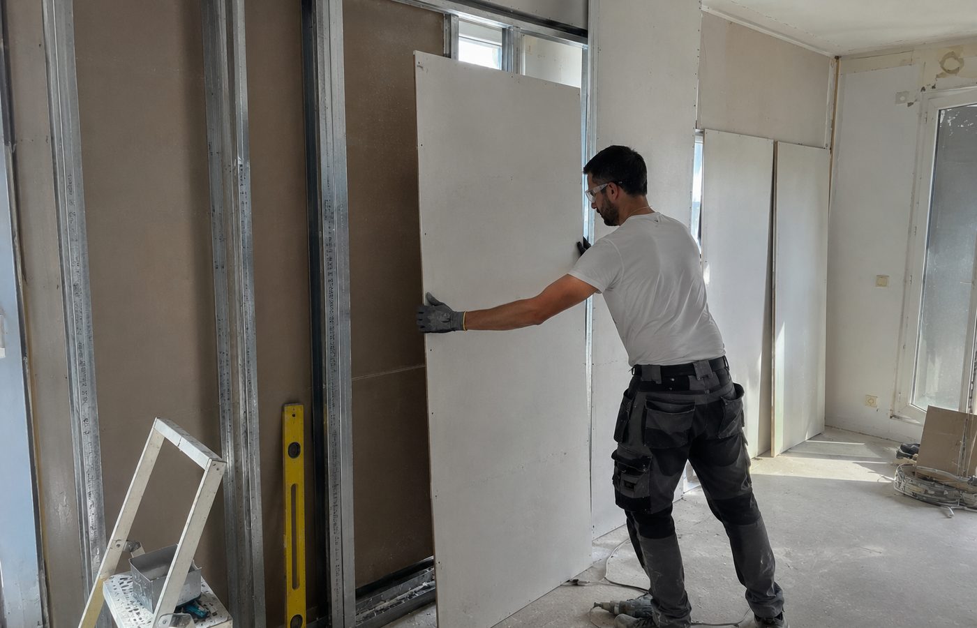 Artisan Hservices75 posant une plaque de placo lors d'une rénovation à Paris
