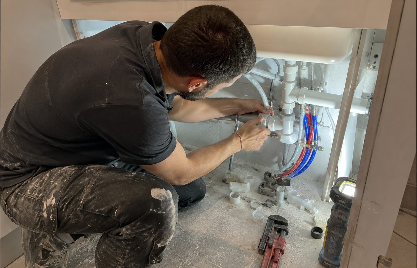Plombier Hservices75 raccordant l'évacuation sous un évier lors d'une rénovation à Paris