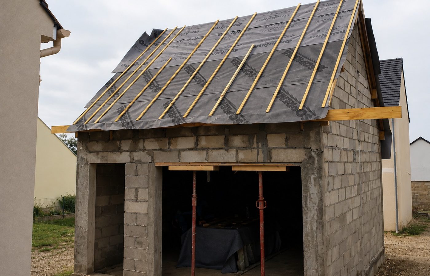 Extension maçonnée avec charpente bois et écran sous-toiture en cours de réalisation