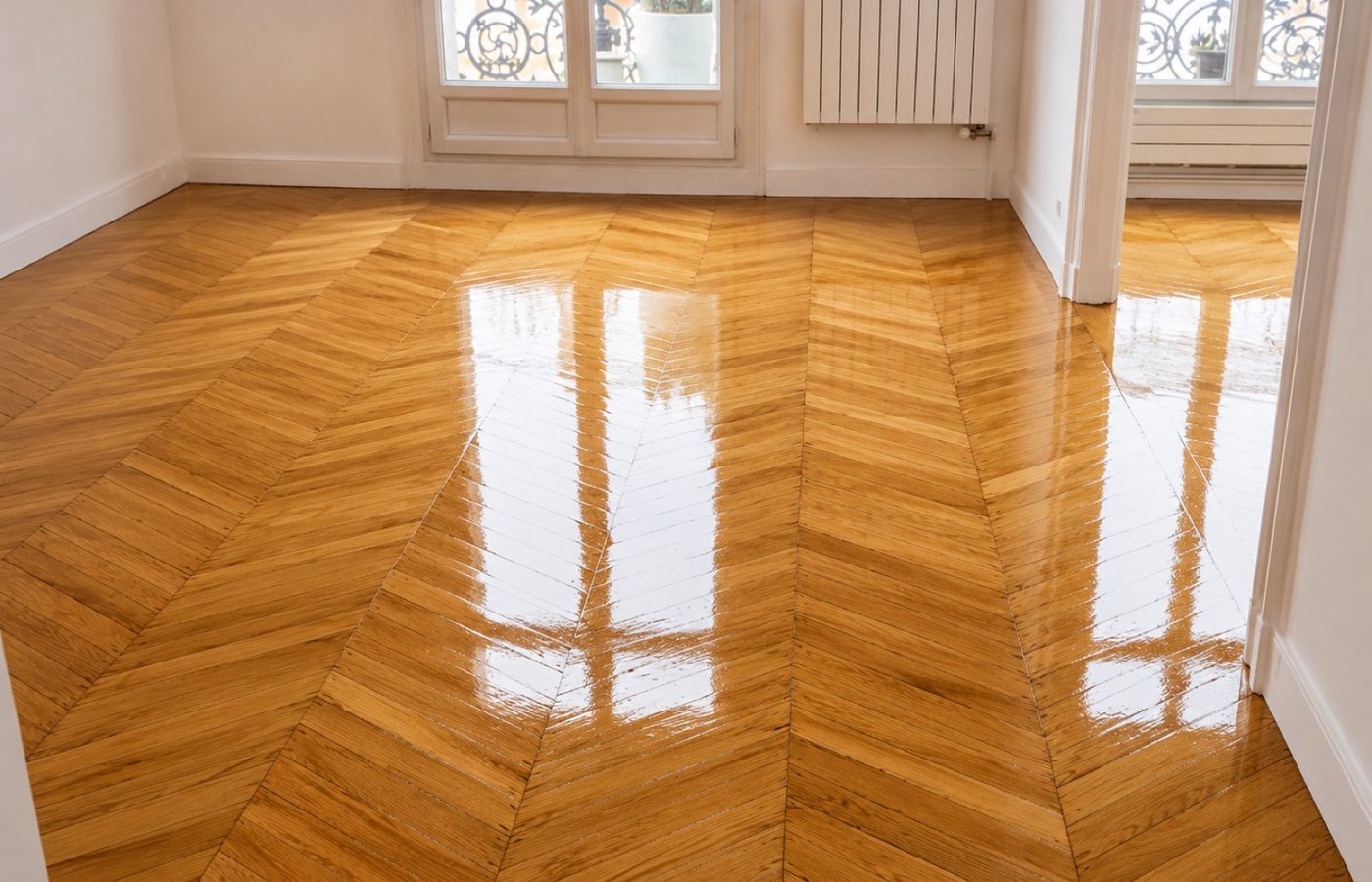 Pose de parquet point de Hongrie vitrifié dans un appartement haussmannien à Paris