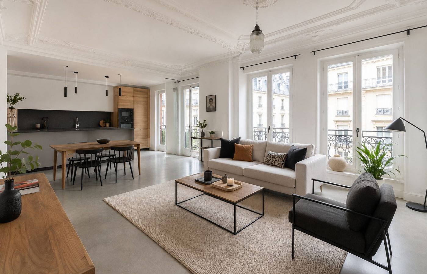 Appartement parisien T3 de 72 m² entièrement rénové par Hservices75 - séjour ouvert sur cuisine, moulures et grandes fenêtres haussmanniennes